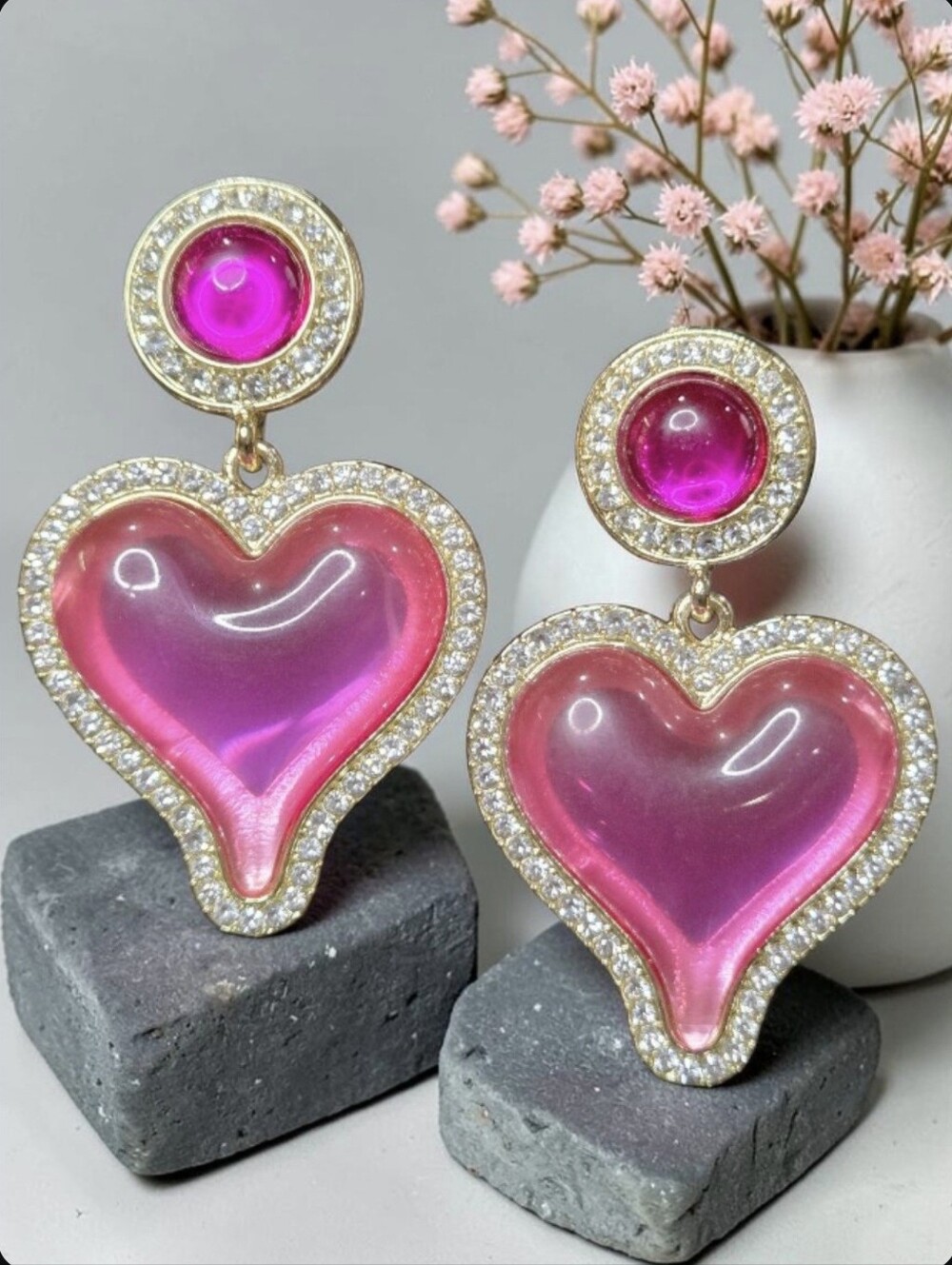 Super Fun Huge Pink Candy Lucite Heart Zircon Crystal Dangle Earrings